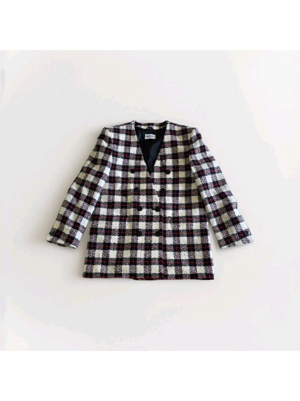 Vtg 80s Planet Plaid Blaizer US 8 Wool Blend Lined DB Colarless England Academia - Picture 9 of 16